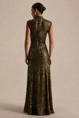 Cecy | Khaki Sequin High-Neck Maxi Dress With Cap Sleeves