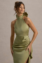 Maureen | Light Green Satin High-Neck Draped Maxi Dress