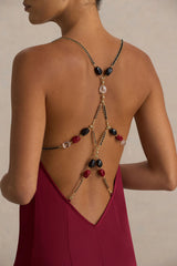 Cher | Burgundy Satin Square-Neck Maxi Dress With Embellished-Detailed Open-Back