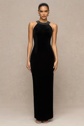 Darya | Black Velvet Embellished High-Neck Maxi Dress