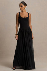 Amelia | Black Scoop-Neck Maxi Dress With Pleated Skirt