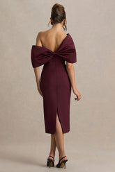 Lucille | Burgundy Asymmetric Bardot Midi Dress With Bow Detail