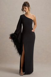 Armina | Black One-Shoulder Feather-Trim Maxi Dress