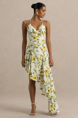 Glint | White Botanical Print Satin Plunge-Neck Maxi Dress With Asymmetric Hem