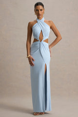 Aura | Powder Blue Halter-Neck Cut-Out Split Maxi Dress