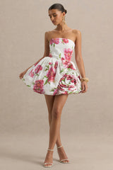 Adira | Cream Floral Print Bandeau Puffball Mini Dress With Ruffle Detail