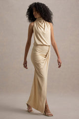 Hayden | Sand High-Neck Draped Split Maxi Dress