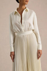 Naxos | Cream Satin Shirt Maxi Dress With Pleated Skirt