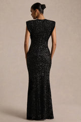 Aurah | Black Sequin Crew-Neck Maxi Dress With Cap Sleeves