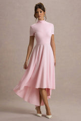 Bellona | Pink High-Neck High-Low Midi Dress