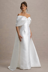 Wanting More | Off White Satin Cape Maxi Dress With Oversized Bow