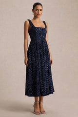Lima | Navy Sequin Square-Neck A-Line Midi Dress