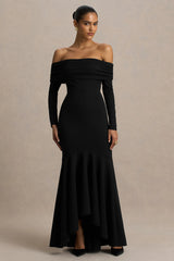 Everlasting | Black Bardot-Neck Maxi Dress With Pleated Detailing