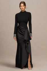 Starred | Black High-Neck Maxi Dress With Drop-Waist And Satin Wrap-Skirt