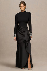 Starred | Black High-Neck Maxi Dress With Drop-Waist And Satin Wrap-Skirt