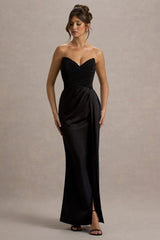 Edel | Black Satin Strapless Maxi Dress With Drape