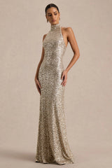 Tulia | Champagne Sequin High-Neck Maxi Dress