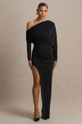 Olivia | Black Asymmetric-Neck Maxi Dress With Ruched Detailing And Front-High Split