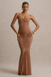 Talisa | Mocha Bandeau Ruched Maxi Dress With Mesh Fishtail