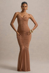 Talisa | Mocha Bandeau Ruched Maxi Dress With Mesh Fishtail