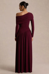 Farah | Burgundy Asymmetric-Neck Maxi Dress With Drop Waist And Ruched Detailing