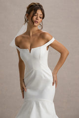 The Greatest | White & Cream Bardot Maxi Dress With Tulle Skirt