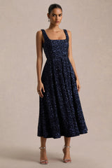 Lima | Navy Sequin Square-Neck A-Line Midi Dress