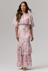 Never Let Go | Pink Floral Print Chiffon Maxi Dress With Tiered Hem