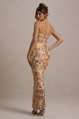 Vitora | Pastel Floral Print Embellished Sequin Square-Neck Maxi Dress