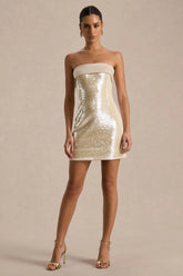 Casandra | Champagne Sequin Bandeau Mini Dress With Satin Trim