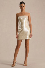 Casandra | Champagne Sequin Bandeau Mini Dress With Satin Trim