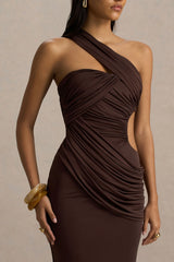 Serefine | Brown Asymmetric-Neck Maxi Dress With Body Cut-Out