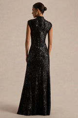 Cecy | Black Sequin High-Neck Maxi Dress With Cap Sleeves