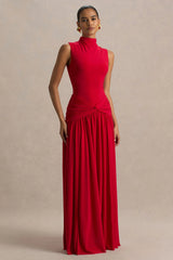 Cascade | Red High-Neck Maxi Dress With Twist Detail