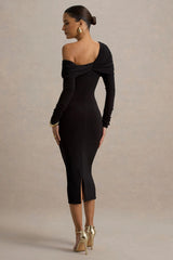 Cleo | Black Bodycon Midi Dress With Mesh Sleeves