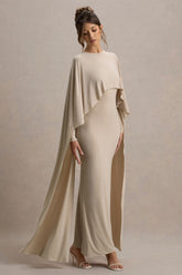 Belinda | Champagne Draped Maxi Dress With Cape Sleeves