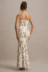 Callie | Lemon Floral Print Bandeau Fishtail Maxi Dress