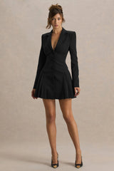 Blossoming | Black Plunge-Neck Tailored Mini Dress With Pleating