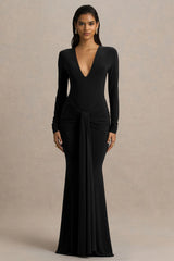 Saffie | Black Extreme-Plunge Wrap Maxi Dress With Long-Sleeves And Ruched Detailing