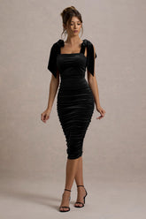 Tarna | Black Velvet Midi Dress With Bow Straps