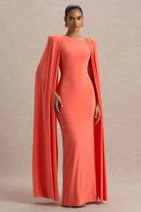 Mimi | Coral High-Neck Maxi Dress With Cape Sleeve Detail