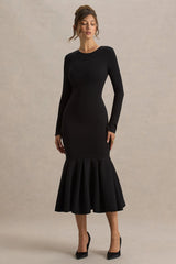 Liberty | Black High Neck Mermaid Midi Dress With Ruffling Detail