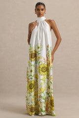 Glide | Sunflower Print Satin High-Neck Slip Maxi Dress