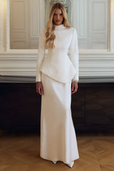 Pepita | Cream High-Neck Tailored Maxi Dress With Drop-Waist And Satin Skirt