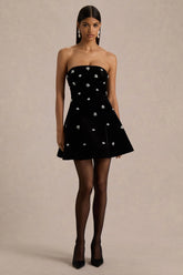 Tessa | Black Hand-Embellished Velvet Bandeau Mini Dress