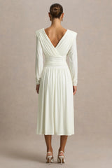 Alexis | Cream Plunge-Neck Midi Dress With Draped And Ruched Detailing