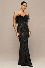 Daze | Black Sequin Bandeau Maxi Dress With Feather-Trim