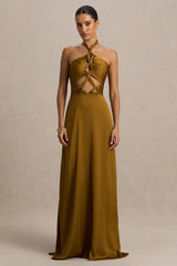 Aleera | Olive Chiffon Halter-Neck Maxi Dress With Cut-Out Detail