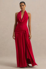 Mist | Red Plunge-Neck Maxi Dress With Knot-Detail And Open-Back