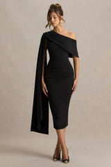 Leah | Black Asymmetric-Neck Midi Dress With Cape-Sleeve